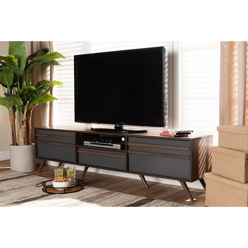 Grey Walnut Wood TV Stand with Drop-Down Compartments A6914