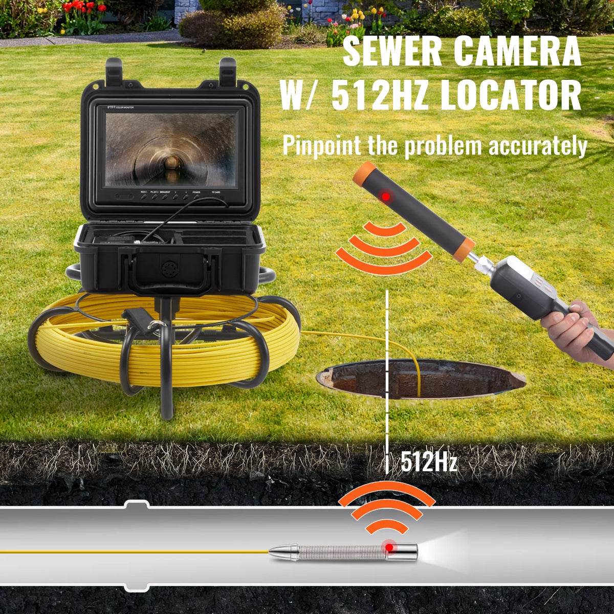 Sewer Camera Pipe Inspection Camera with 512hz Sonde 9in 720p Screen 164 ft Z7864