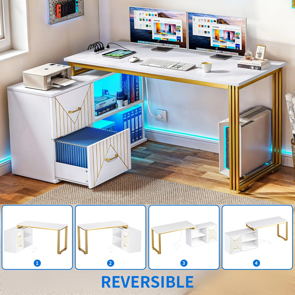 White 55 Inch L Shaped Corner Desk with Drawers and Storage Shelves M7408