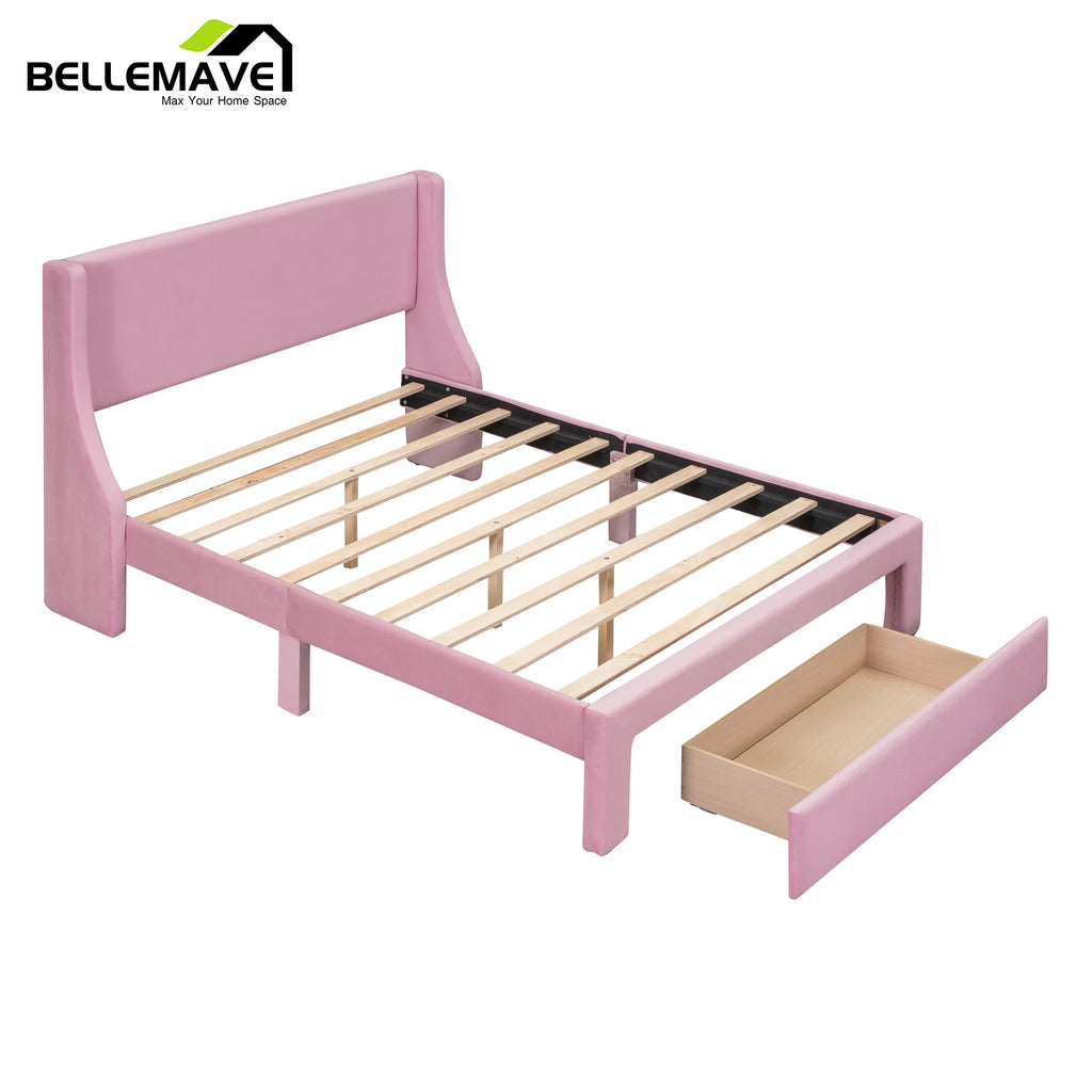 Full Size Pink Velvet Upholstered Platform Bed with Drawer N48613