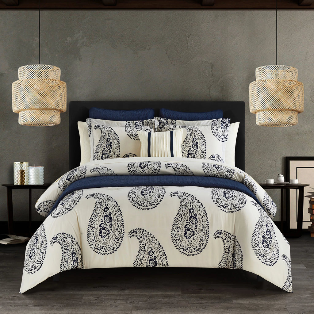 12-Piece Reversible Paisley Comforter Set Queen Navy Q358