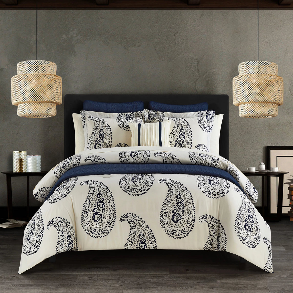 12-Piece Reversible Paisley Comforter Set Queen Navy Q358