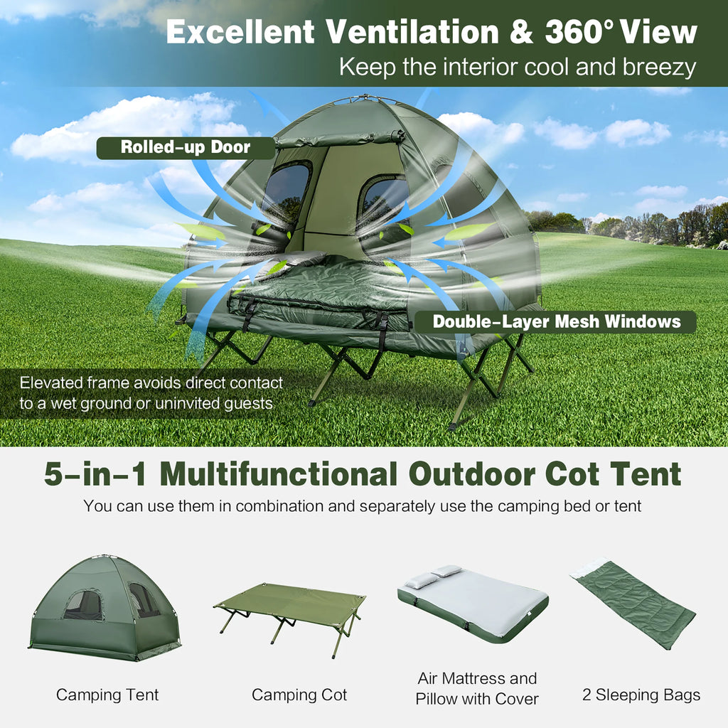 2-Person Pop-Up Tent Camping Cot with Air Mattress and Sleeping Bag J831
