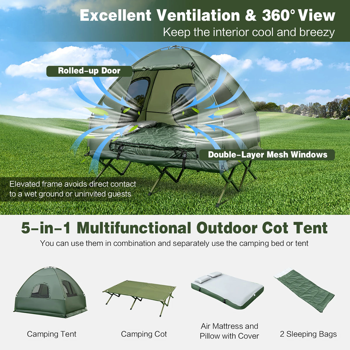 2-Person Pop-Up Tent Camping Cot with Air Mattress and Sleeping Bag J831
