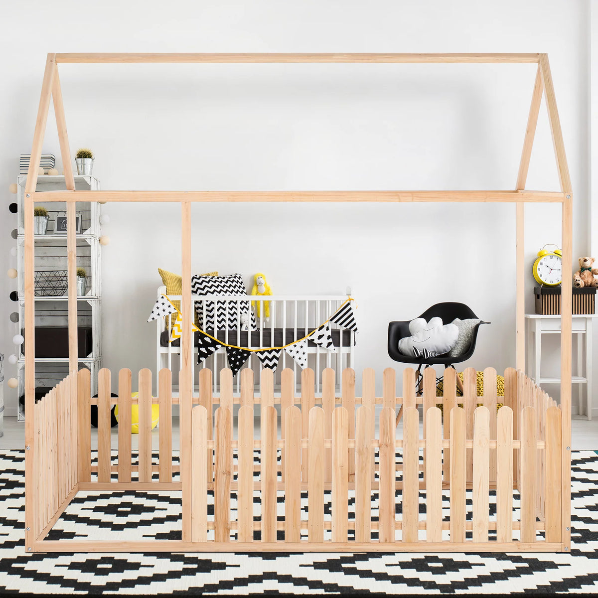 Full Size Wood Floor Bed Frame with Roof and Fence F92686