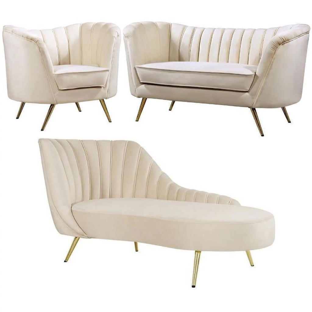 Cream and Gold Accent Chair Chaise and Loveseat 3-Piece Set K493