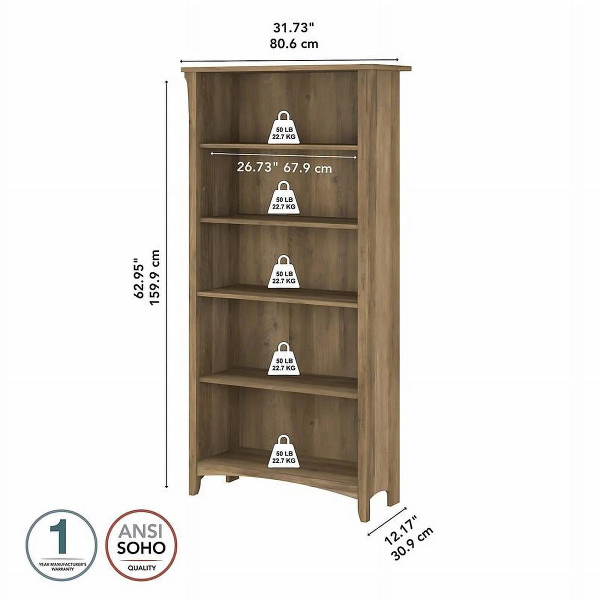 5 Shelf Reclaimed Pine Engineered Wood Bookcase Q509467