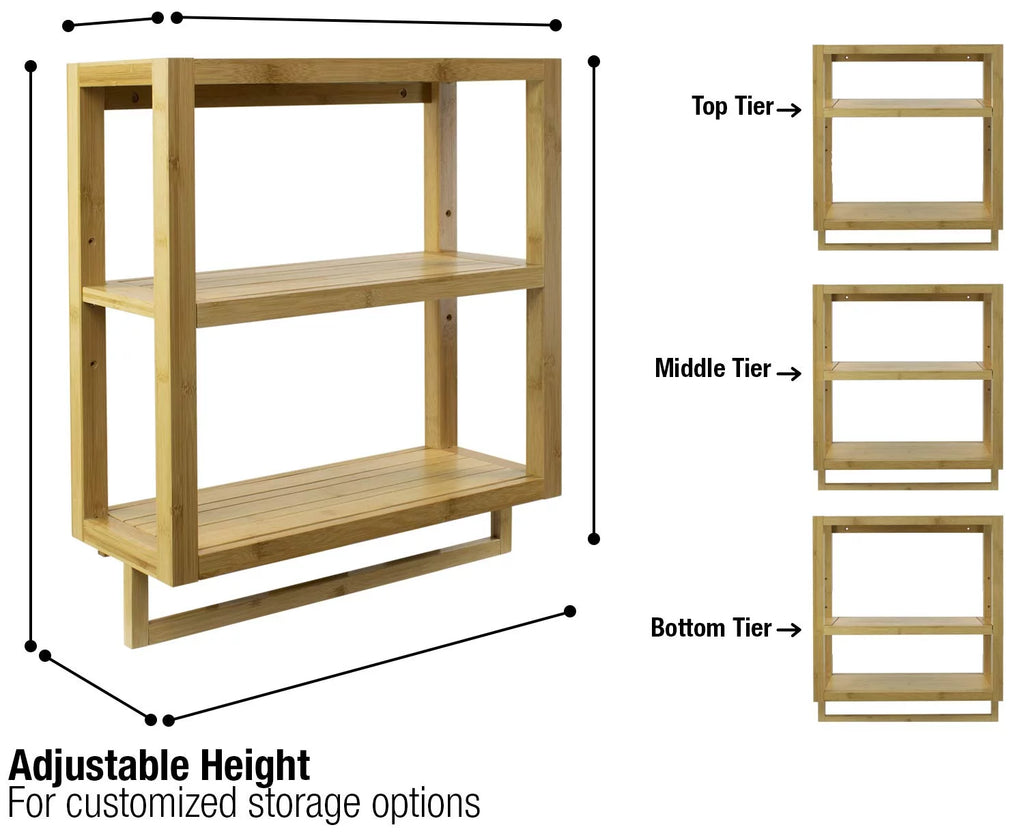 Bamboo Finish 3-Tier Wall-Mounted Bathroom Organizer with Towel Rack E37929