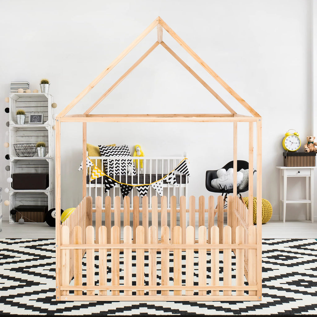 Full Size Wood Floor Bed Frame with Roof and Fence F92686