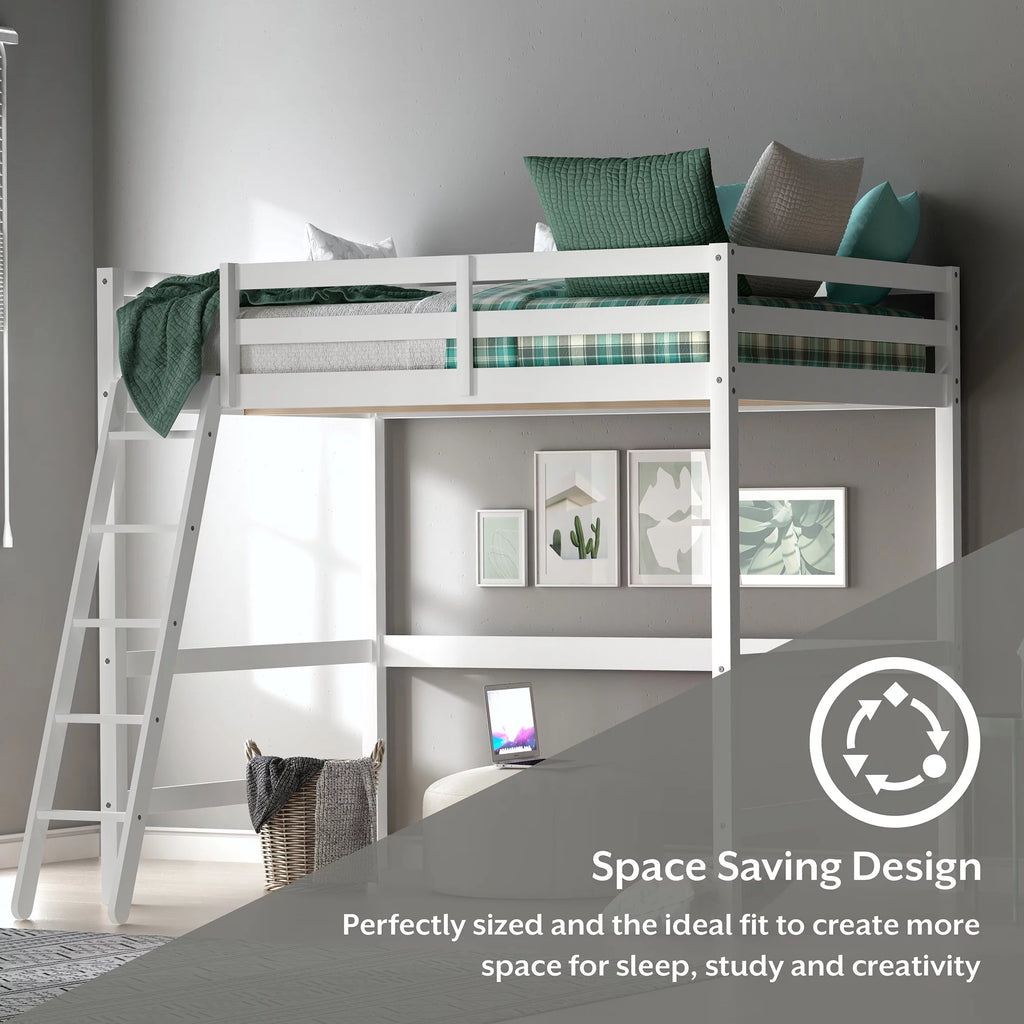 White Wood Full Loft Bunk Bed with Ladder A445