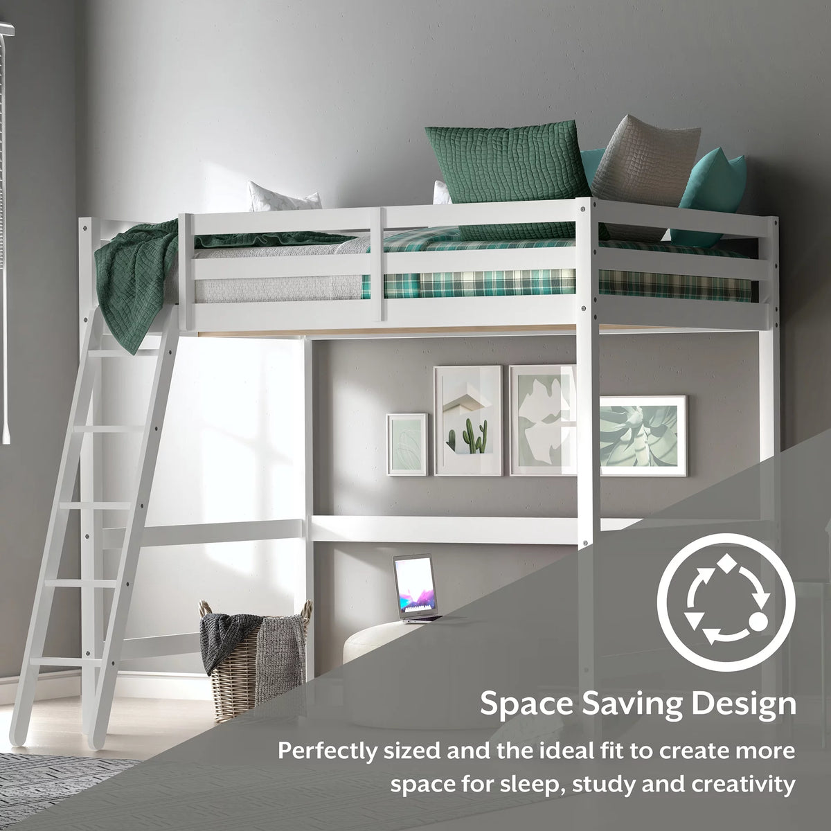 White Wood Full Loft Bunk Bed with Ladder A445