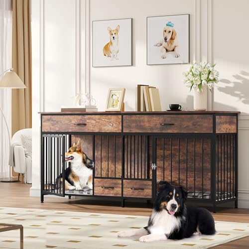 Brown Wooden Double Dog Crate Furniture with Drawers W452