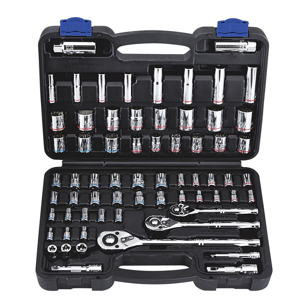 1/4 in., 3/8 in., and 1/2 in. Drive SAE and Metric Socket Set, 66-Piece N124849