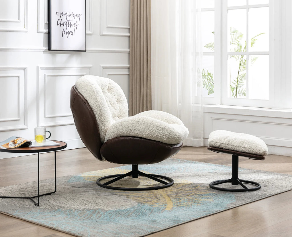 White Faux Fur Swivel Accent Chair with Ottoman P8130