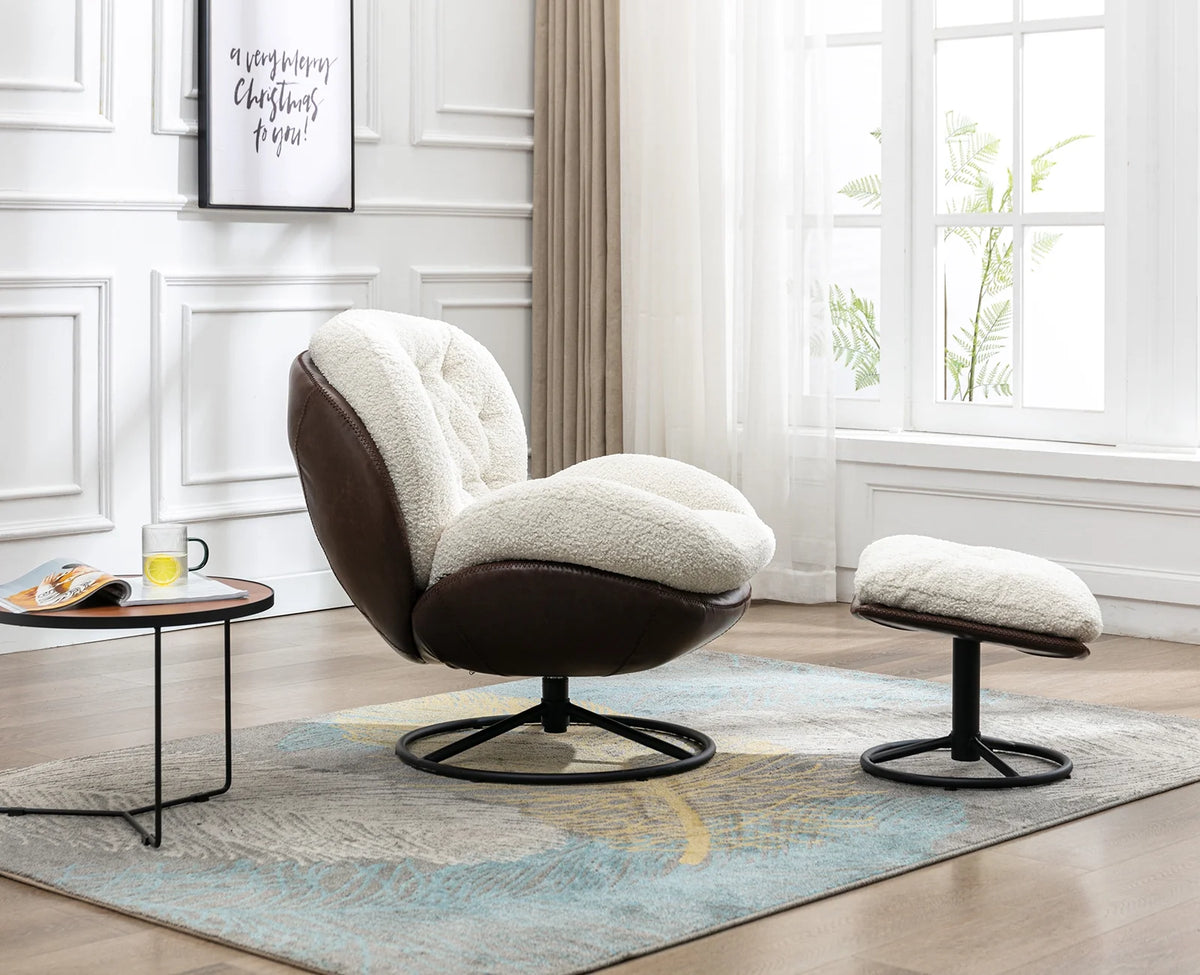 White Faux Fur Swivel Accent Chair with Ottoman P8130