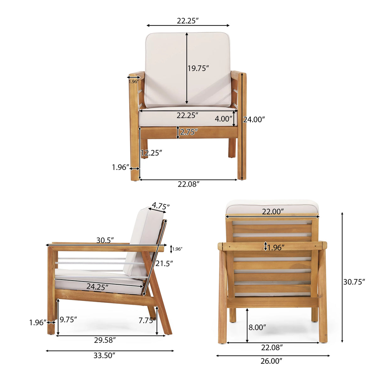 Acacia Wood Outdoor Club Chair with Cushions S8715