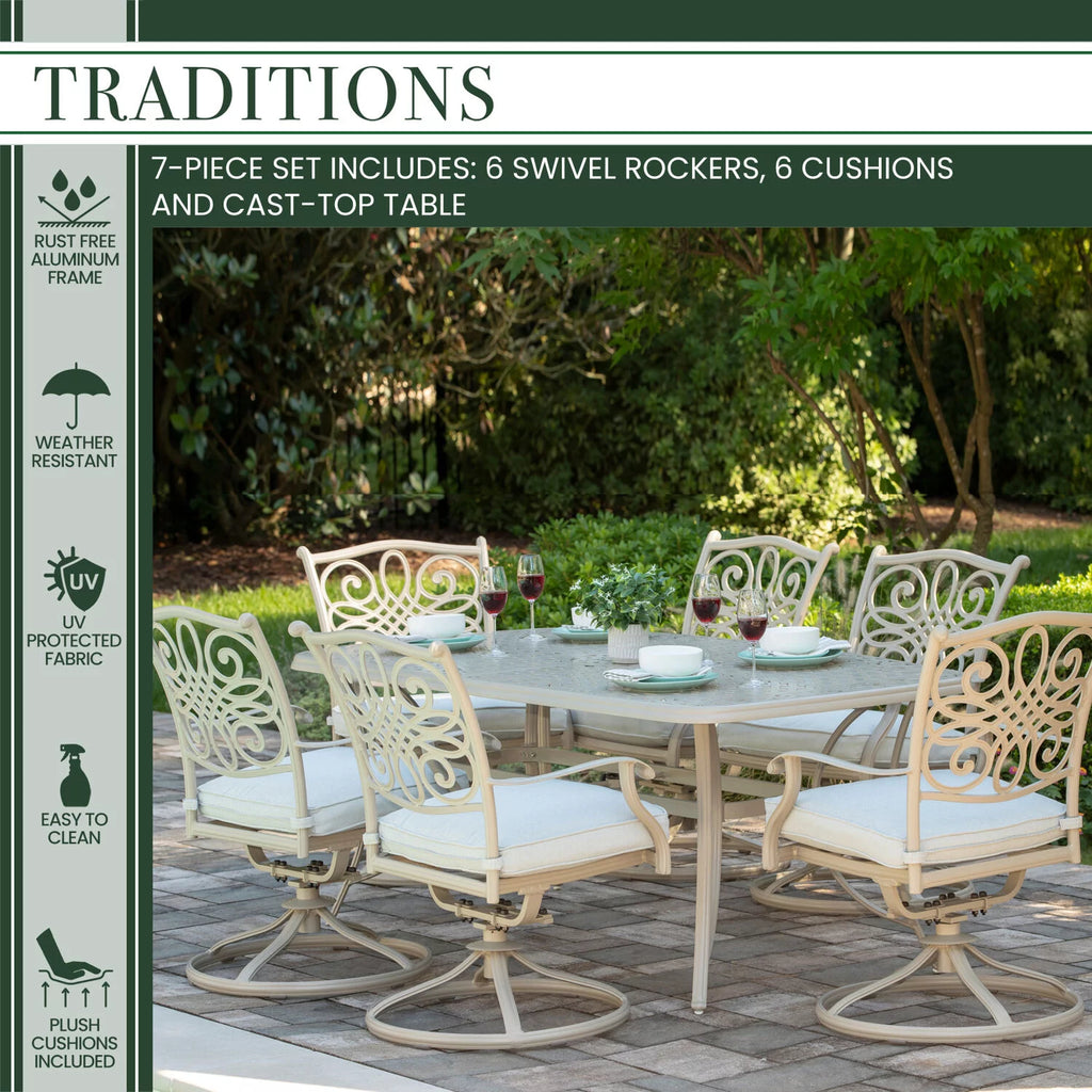 7-Piece Cushioned Swivel Rocker Patio Dining Set with Cast Aluminum Table Q3764