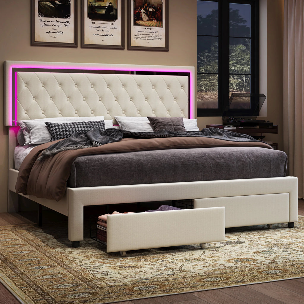 Queen Size Velvet Upholstered Platform Bed with Storage Drawers F295
