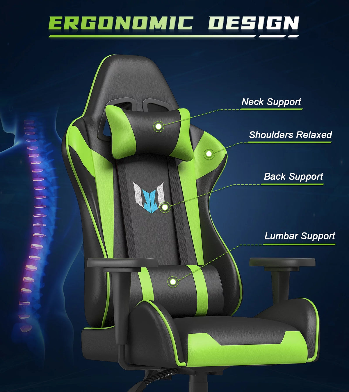 Black Green Gaming Chair with Headrest and Lumbar Support D29530