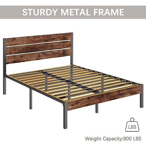 Rustic Brown Metal Full Bed Frame with Headboard and Footboard O95619