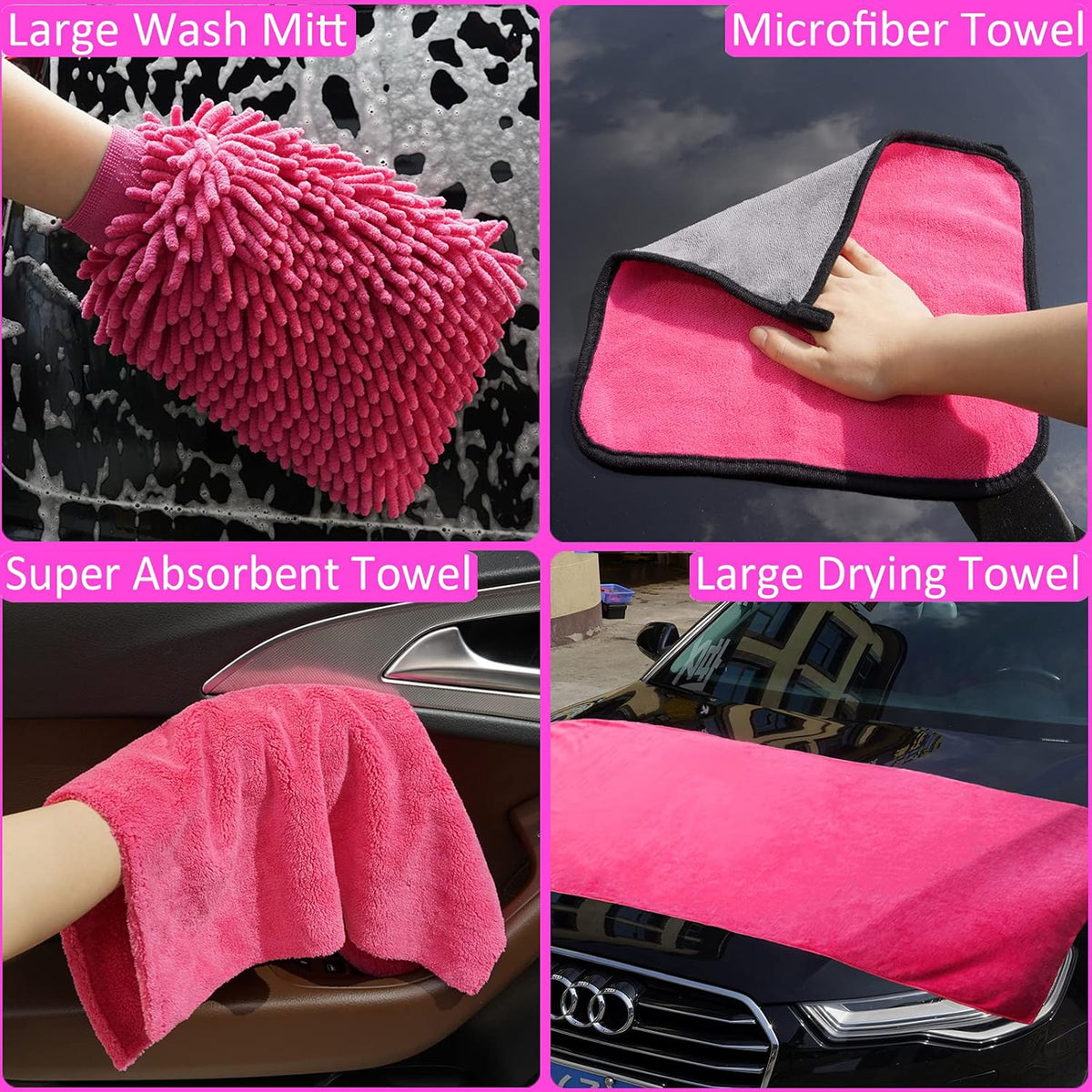 29Pcs Car Cleaning Kit Wash Tools Set with Long Handle Brush Mop, Extendable Pole, Wash Mitt, Towels, Storage Box, Pink V53439