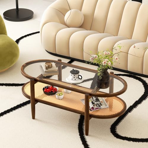 Black 2-Tier Oval Rattan Coffee Table with Tempered Glass F514294