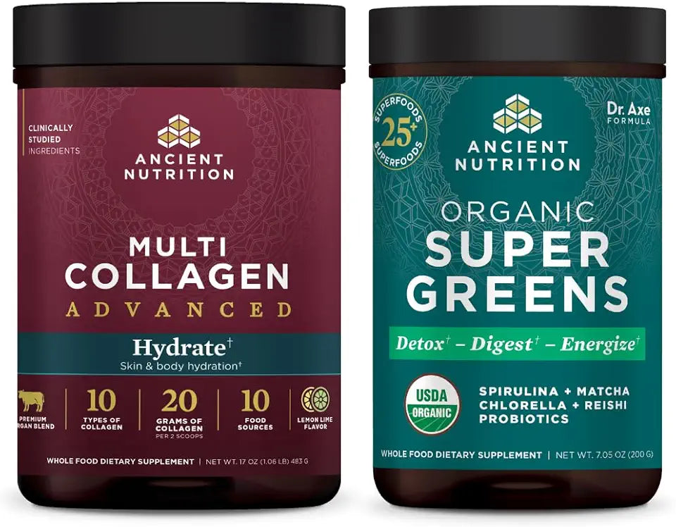 Multi Collagen Advanced Powder Hydrate Lemon Lime 30 Servings + Organic SuperGreens Powder Greens Flavor 25 Servings D34193