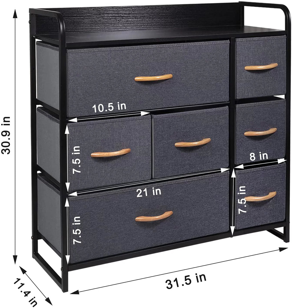 Fabric Storage Dresser with 7 Drawers, Metal Frame and Wooden Top, Dark Grey H3269