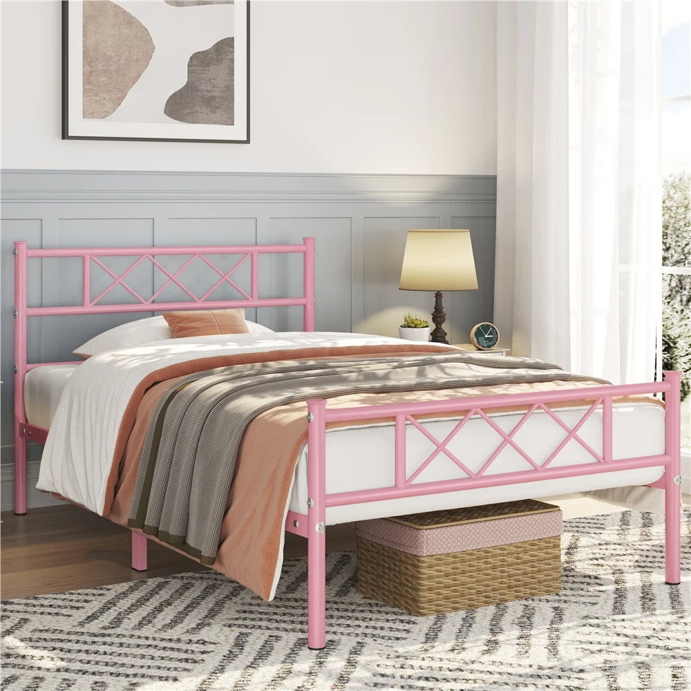 Queen Size Black Metal Platform Bed Frame with Headboard and Footboard V740