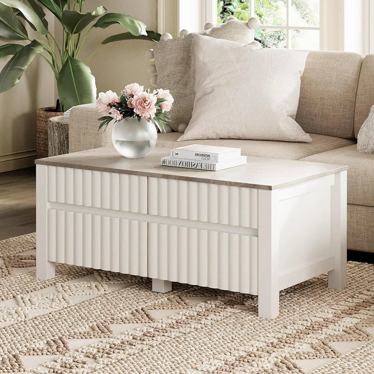 White 4 Piece Living Room Table Set with Storage Drawers and Charging Station W381676