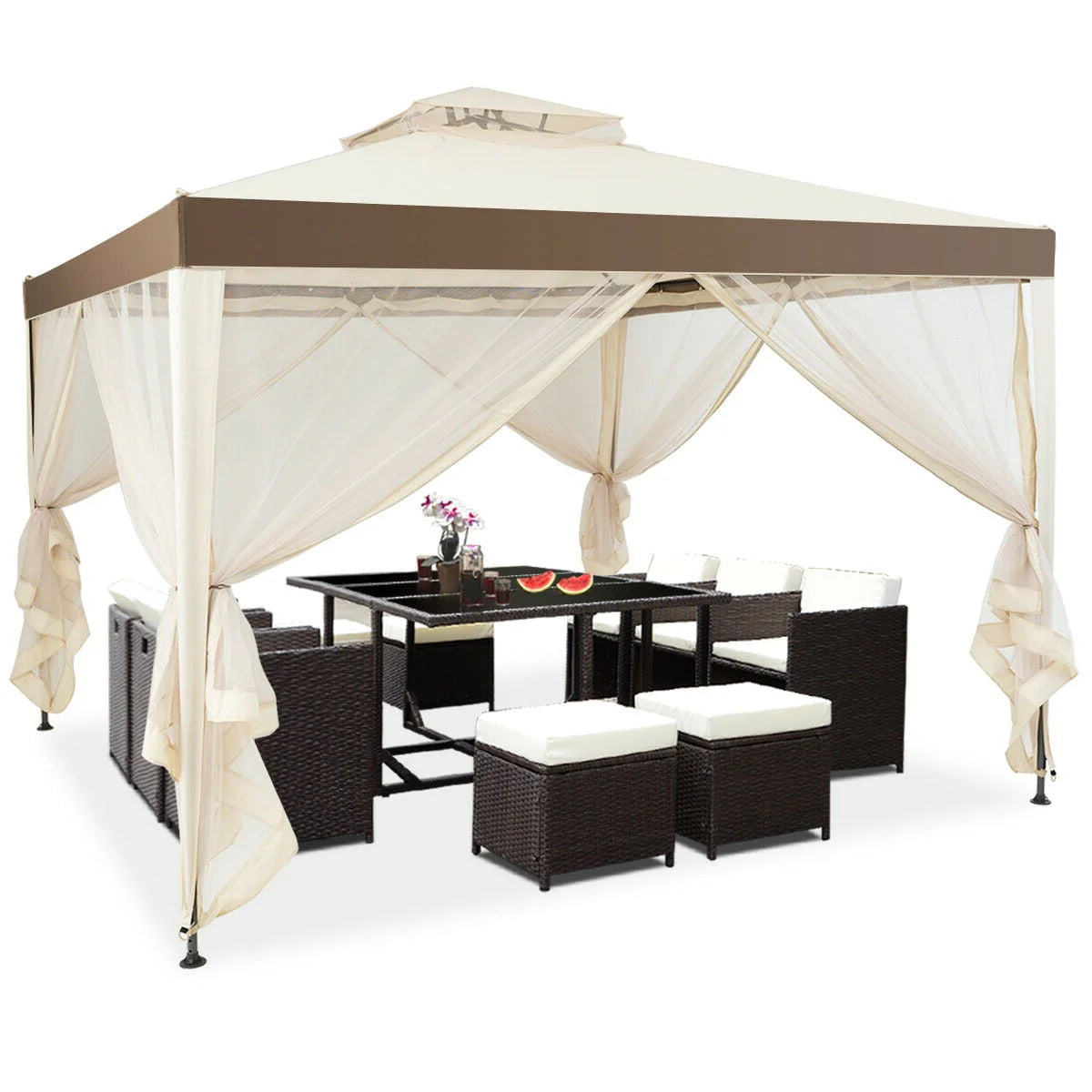 10' x 10' Beige Canopy Gazebo with Mosquito Netting Z647