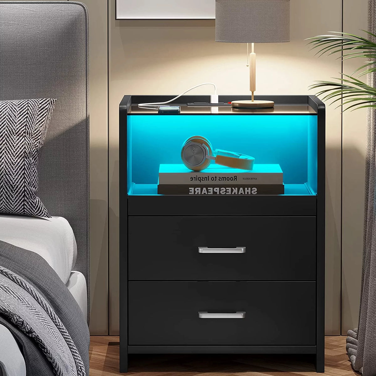 Black 2 Drawer Nightstand with Charging Station and LED Light D729