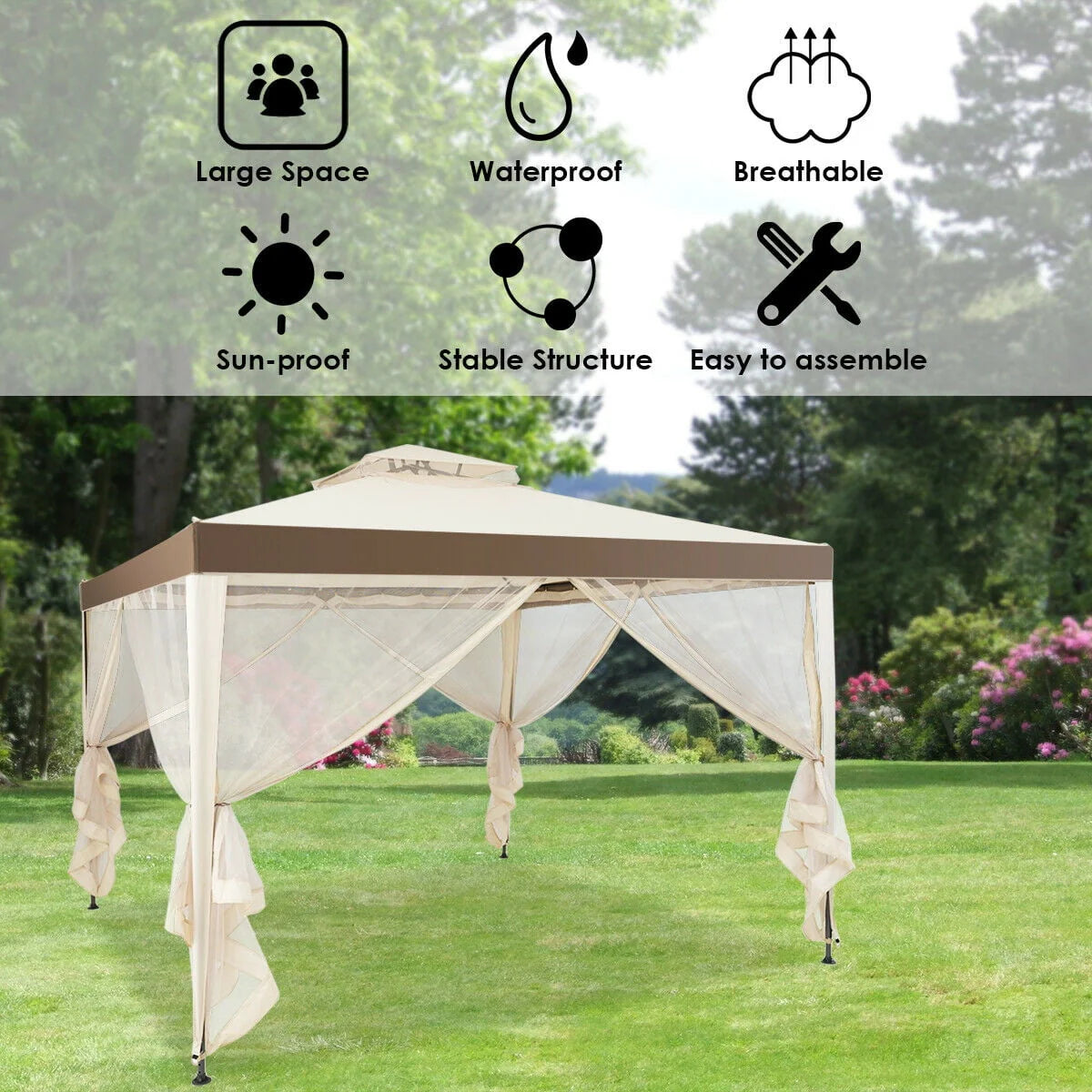 10' x 10' Beige Canopy Gazebo with Mosquito Netting Z647