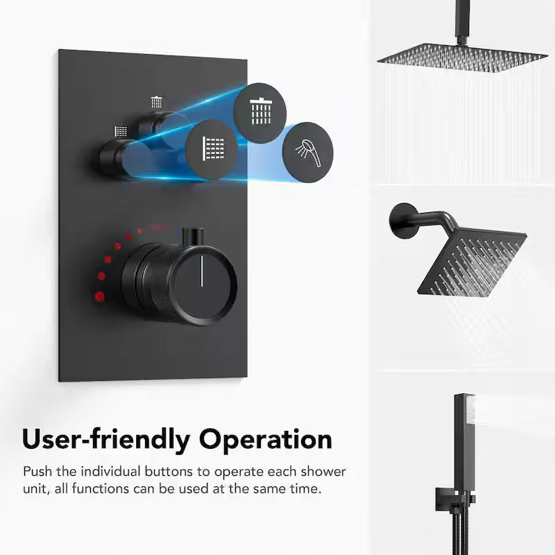 12 in. 6 in. Rainfall Wall and Ceiling Mount 2.5 GPM Fixed and Handheld Shower Head Matte Black S49610
