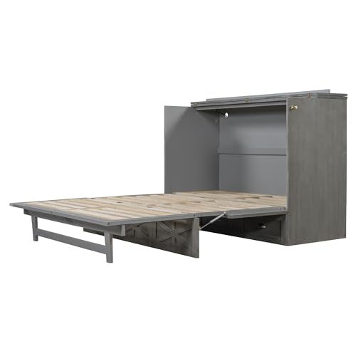 Full Size Solid Pine Murphy Bed with USB and Storage Drawer M588026