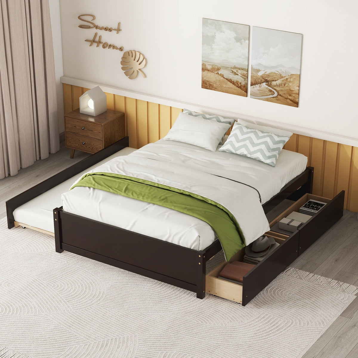 Full Size Bed with Twin Size Trundle and 2 Drawers Espresso C345