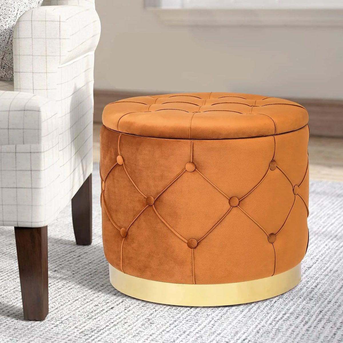 Orange Velvet Round Storage Ottoman R470