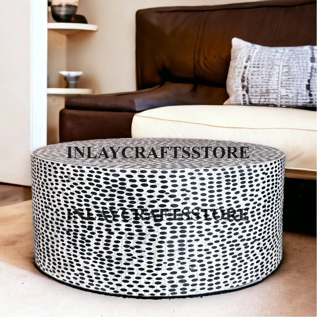 Bone Inlay Leopard Design Round Coffee Table Black P7508