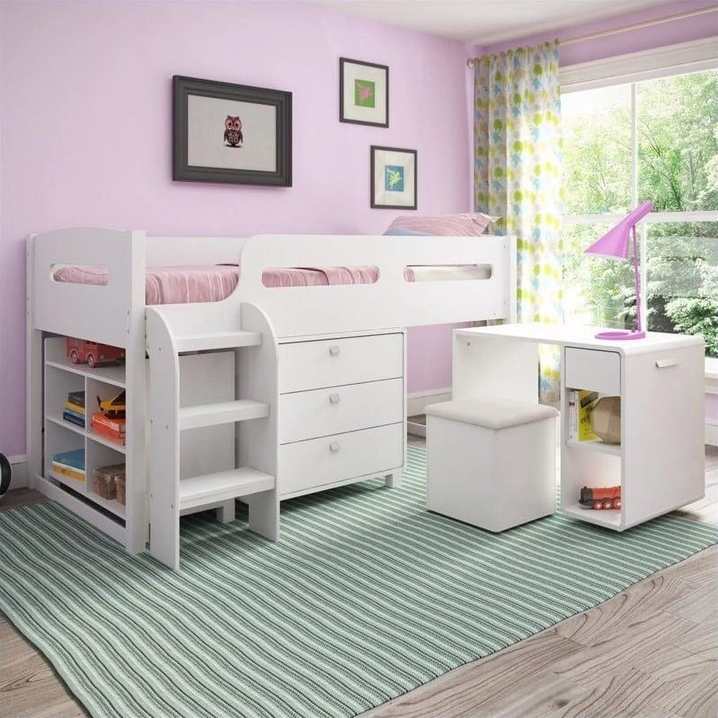 White 5pc Engineered Wood Loft Bed Set with Desk E2379