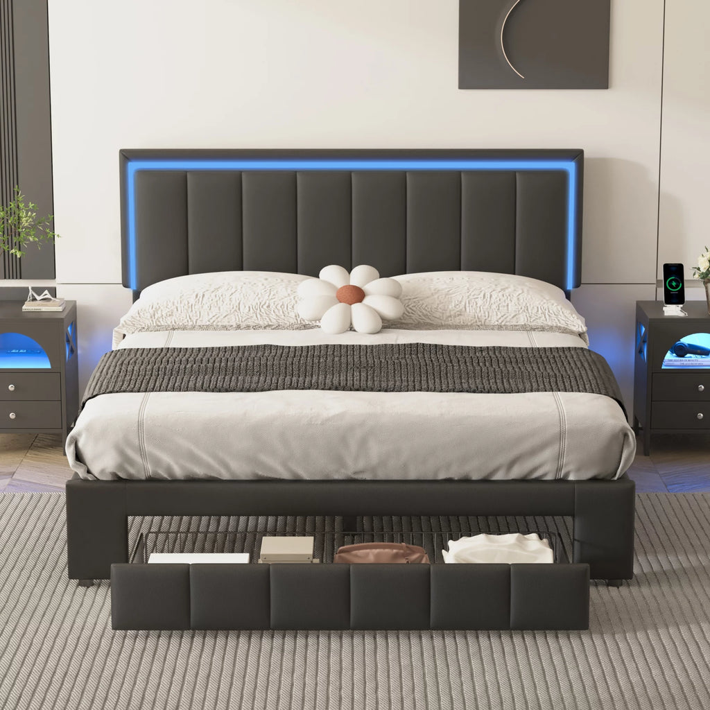 Black Queen Size Upholstered Platform Bed with Drawer Z3243