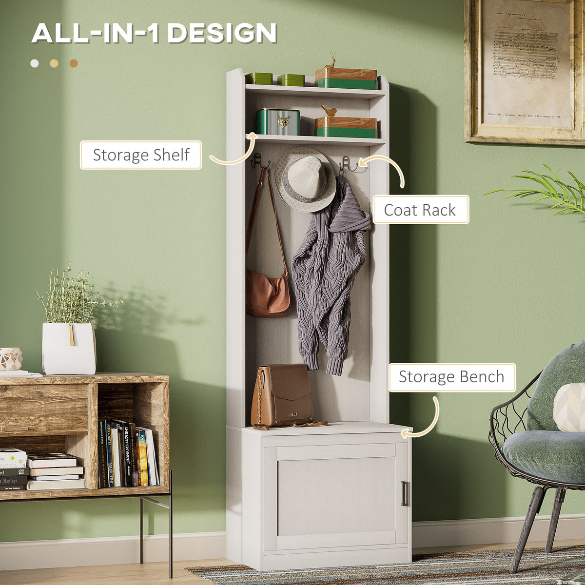 White Hall Tree with Shoe Storage Bench and Coat Rack K374