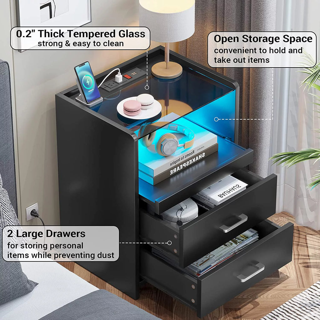 Black 2 Drawer Nightstand with Charging Station and LED Light D729