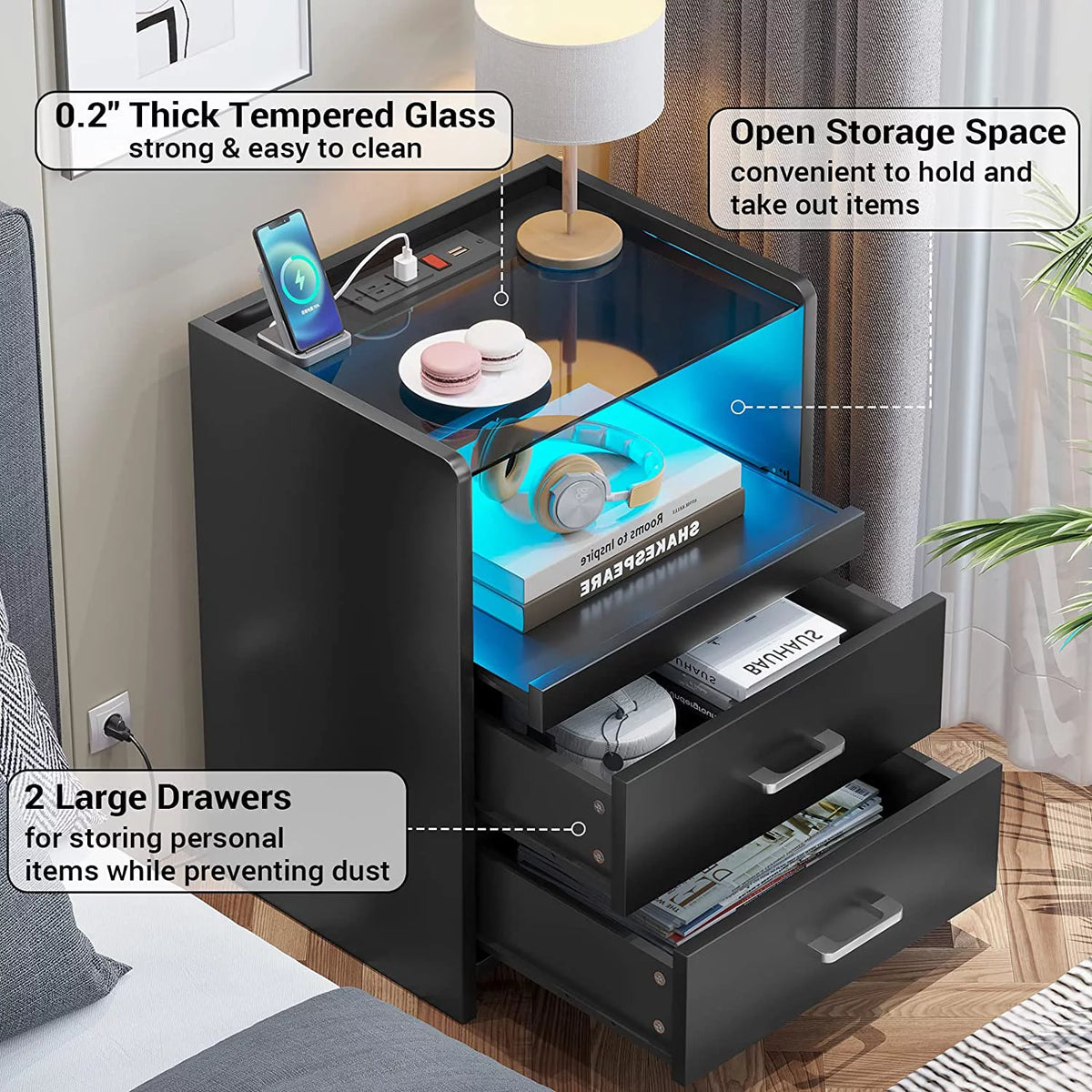 Black 2 Drawer Nightstand with Charging Station and LED Light D729