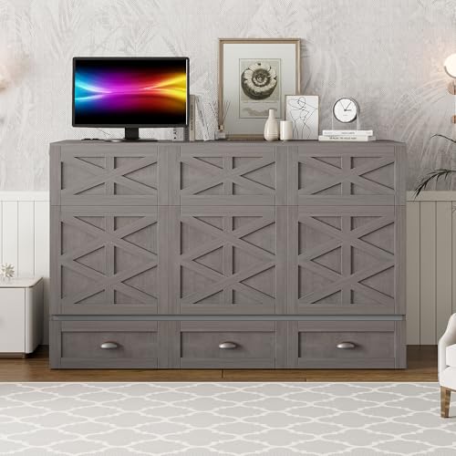 Full Size Solid Pine Murphy Bed with USB and Storage Drawer M588026