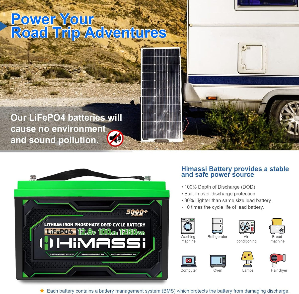 12V 100Ah LiFePO4 Battery 50A BMS Deep Cycle Battery Pack R6124