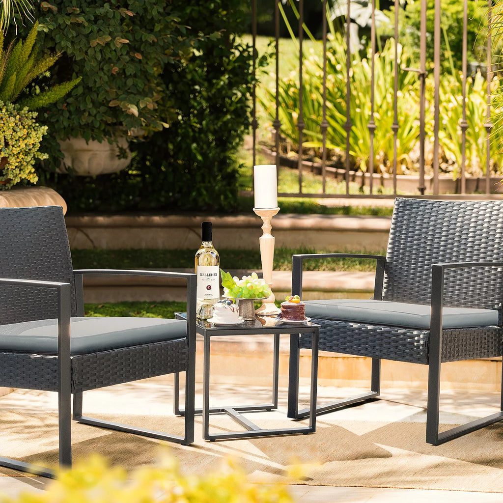 3 Pieces Cushioned PE Rattan Bistro Chairs Set of 2 with Coffee Table M323
