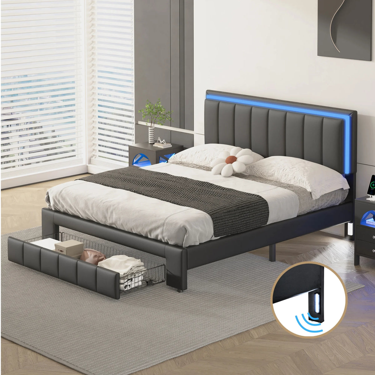 Black Queen Size Upholstered Platform Bed with Drawer Z3243