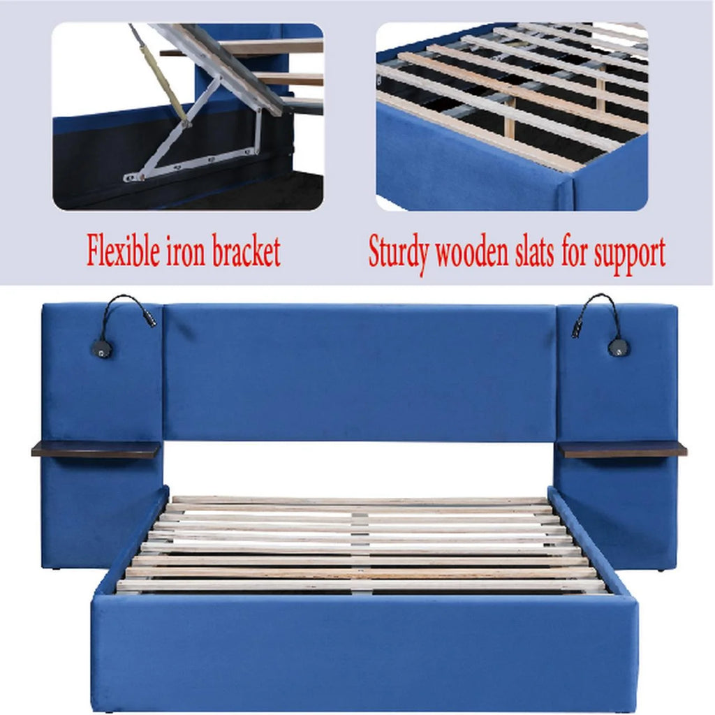 Full Size Upholstered Hydraulic Platform Bed with 2 Shelves, 2 Lights and 4 USB Ports, Blue L573637
