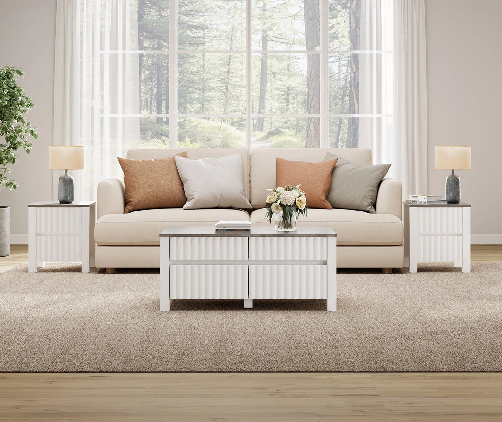 White 4 Piece Living Room Table Set with Storage Drawers and Charging Station W381676
