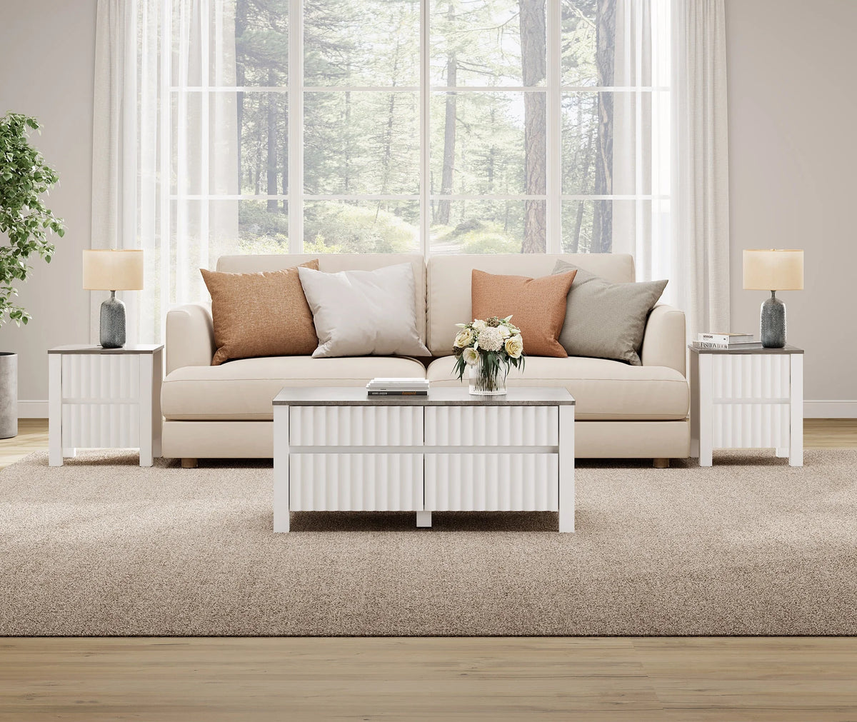 White 4 Piece Living Room Table Set with Storage Drawers and Charging Station W381676